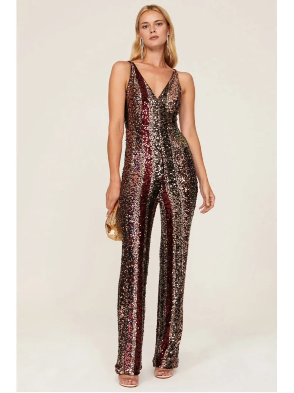 Dress The Population Charlie Rainbow Striped Sequin Wide Leg Disco Jumpsuit L